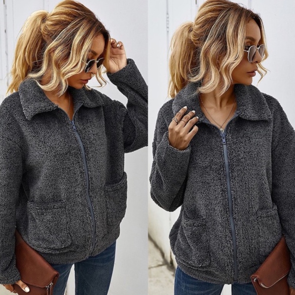 Softest teddy vegan fur zipper coat -KHAKI - Picture 5 of 7